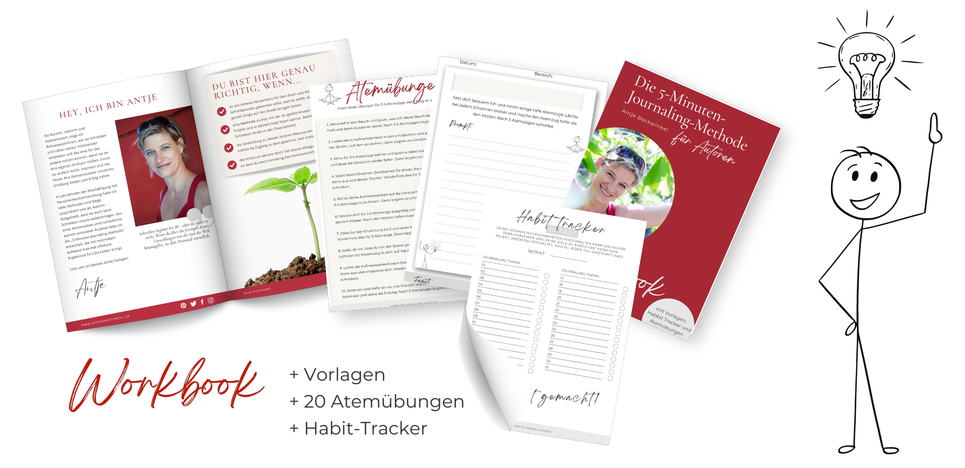 Mockup: Die 5-Minuten-Journaling-Methode für Autoren – Workbook mit Atemübungen und Habit-Tracker